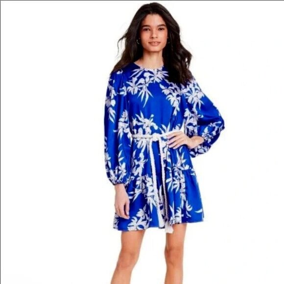 ALEXIS Silky Blue Mini Dress Floral Print Long Balloon Sleeves Rope Tie Belt S - Picture 1 of 6